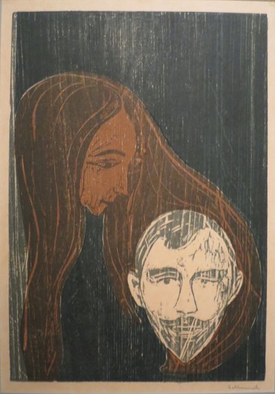 Hoofd van een man in het haar van een vrouw door Edvard Munch